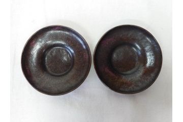 本間琢斎　斑紫銅無地　紫がかった色味が美しい茶托10枚セット(五客揃2セット、銅器、茶道具、煎茶道具、在銘有、共箱付き)(R-076767)