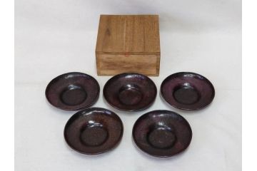 本間琢斎　斑紫銅無地　紫がかった色味が美しい茶托10枚セット(五客揃2セット、銅器、茶道具、煎茶道具、在銘有、共箱付き)(R-076767)