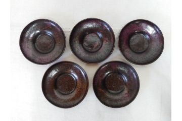 本間琢斎　斑紫銅無地　紫がかった色味が美しい茶托10枚セット(五客揃2セット、銅器、茶道具、煎茶道具、在銘有、共箱付き)(R-076767)
