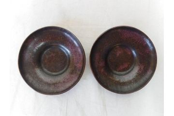 本間琢斎　斑紫銅無地　紫がかった色味が美しい茶托10枚セット(五客揃2セット、銅器、茶道具、煎茶道具、在銘有、共箱付き)(R-076767)