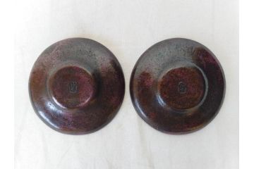 本間琢斎　斑紫銅無地　紫がかった色味が美しい茶托10枚セット(五客揃2セット、銅器、茶道具、煎茶道具、在銘有、共箱付き)(R-076767)
