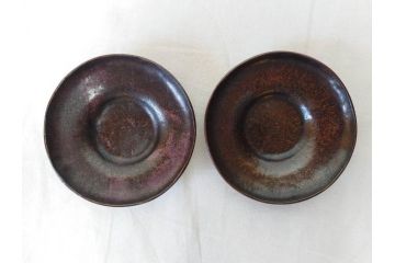 本間琢斎　斑紫銅無地　紫がかった色味が美しい茶托10枚セット(五客揃2セット、銅器、茶道具、煎茶道具、在銘有、共箱付き)(R-076767)