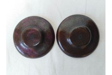 本間琢斎　斑紫銅無地　紫がかった色味が美しい茶托10枚セット(五客揃2セット、銅器、茶道具、煎茶道具、在銘有、共箱付き)(R-076767)