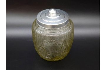 戦前　大正〜昭和初期　花のデザインが魅力のあめや瓶(菓子瓶、砂糖壷、キャンディーポット、ガラス瓶、ガラスビン、蓋(フタ)付き、ペロペロ、飴屋)(R-076769)