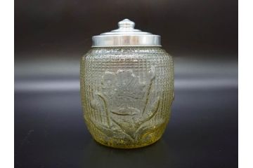 戦前　大正〜昭和初期　花のデザインが魅力のあめや瓶(菓子瓶、砂糖壷、キャンディーポット、ガラス瓶、ガラスビン、蓋(フタ)付き、ペロペロ、飴屋)(R-076769)