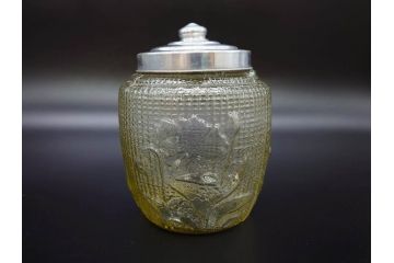 戦前　大正〜昭和初期　花のデザインが魅力のあめや瓶(菓子瓶、砂糖壷、キャンディーポット、ガラス瓶、ガラスビン、蓋(フタ)付き、ペロペロ、飴屋)(R-076769)