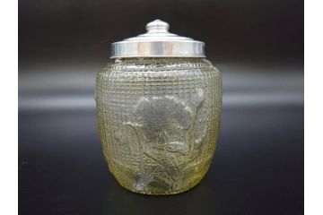 戦前　大正〜昭和初期　花のデザインが魅力のあめや瓶(菓子瓶、砂糖壷、キャンディーポット、ガラス瓶、ガラスビン、蓋(フタ)付き、ペロペロ、飴屋)(R-076769)