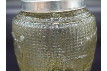 戦前　大正〜昭和初期　花のデザインが魅力のあめや瓶(菓子瓶、砂糖壷、キャンディーポット、ガラス瓶、ガラスビン、蓋(フタ)付き、ペロペロ、飴屋)(R-076769)