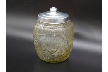戦前　大正〜昭和初期　お部屋をレトロに演出するあめや瓶(菓子瓶、砂糖壷、キャンディーポット、ガラス瓶、ガラスビン、蓋(フタ)付き、ペロペロ、飴屋)(R-076770)