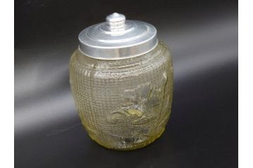 戦前　大正〜昭和初期　お部屋をレトロに演出するあめや瓶(菓子瓶、砂糖壷、キャンディーポット、ガラス瓶、ガラスビン、蓋(フタ)付き、ペロペロ、飴屋)(R-076770)