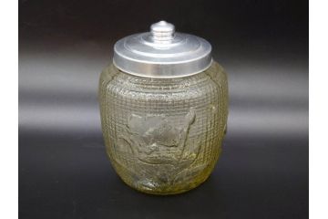 戦前　大正〜昭和初期　お部屋をレトロに演出するあめや瓶(菓子瓶、砂糖壷、キャンディーポット、ガラス瓶、ガラスビン、蓋(フタ)付き、ペロペロ、飴屋)(R-076770)