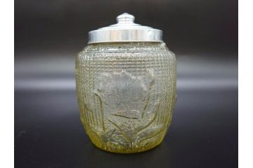 戦前　大正〜昭和初期　お部屋をレトロに演出するあめや瓶(菓子瓶、砂糖壷、キャンディーポット、ガラス瓶、ガラスビン、蓋(フタ)付き、ペロペロ、飴屋)(R-076770)