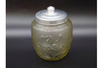 戦前　大正〜昭和初期　エレガントな雰囲気のあめや瓶(菓子瓶、砂糖壷、キャンディーポット、ガラス瓶、ガラスビン、蓋(フタ)付き、ペロペロ、飴屋)(R-076771)