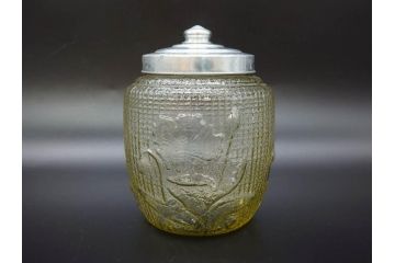戦前　大正〜昭和初期　エレガントな雰囲気のあめや瓶(菓子瓶、砂糖壷、キャンディーポット、ガラス瓶、ガラスビン、蓋(フタ)付き、ペロペロ、飴屋)(R-076771)