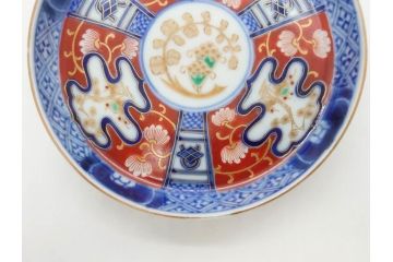 江戸期　古伊万里　色絵　染付　約13cm　4.3寸　華やかな図柄が目を惹く小皿3枚セット(和皿、和食器、四寸三分)(R-076788)