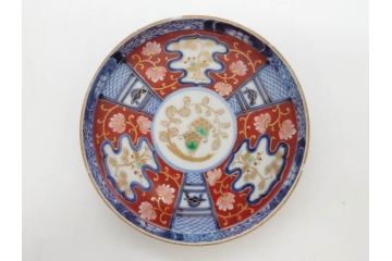江戸期　古伊万里　色絵　染付　約13cm　4.3寸　華やかな図柄が目を惹く小皿3枚セット(和皿、和食器、四寸三分)(R-076788)