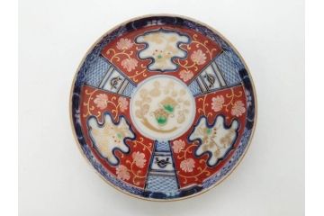 江戸期　古伊万里　色絵　染付　約13cm　4.3寸　華やかな図柄が目を惹く小皿3枚セット(和皿、和食器、四寸三分)(R-076788)