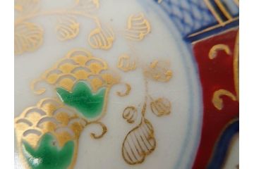 江戸期　古伊万里　色絵　染付　約13cm　4.3寸　華やかな図柄が目を惹く小皿3枚セット(和皿、和食器、四寸三分)(R-076788)