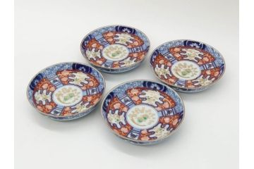 江戸期　古伊万里　色絵　染付　約12cm　4寸　華やかな図柄が目を惹く小皿4枚セット(和皿、和食器、四寸)(R-076789)