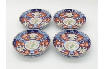 江戸期　古伊万里　色絵　染付　約12cm　4寸　華やかな図柄が目を惹く小皿4枚セット(和皿、和食器、四寸)(R-076789)