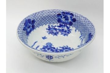 江戸期　染付　約38cm　1尺2寸　繊細な線描きが美しい深鉢(大鉢、和皿、和食器、一尺二寸)(R-076790)