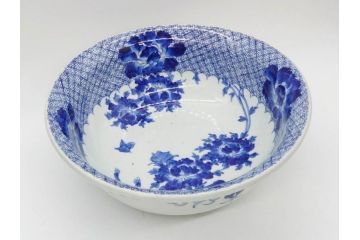 江戸期　染付　約38cm　1尺2寸　繊細な線描きが美しい深鉢(大鉢、和皿、和食器、一尺二寸)(R-076790)