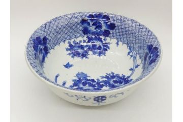 江戸期　染付　約38cm　1尺2寸　繊細な線描きが美しい深鉢(大鉢、和皿、和食器、一尺二寸)(R-076790)