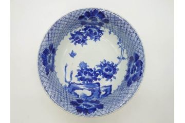江戸期　染付　約38cm　1尺2寸　繊細な線描きが美しい深鉢(大鉢、和皿、和食器、一尺二寸)(R-076790)