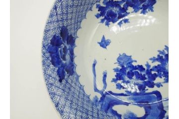 江戸期　染付　約38cm　1尺2寸　繊細な線描きが美しい深鉢(大鉢、和皿、和食器、一尺二寸)(R-076790)
