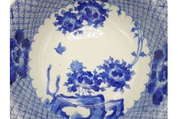 江戸期　染付　約38cm　1尺2寸　繊細な線描きが美しい深鉢(大鉢、和皿、和食器、一尺二寸)(R-076790)