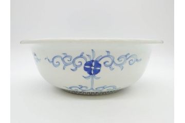 江戸期　染付　約38cm　1尺2寸　繊細な線描きが美しい深鉢(大鉢、和皿、和食器、一尺二寸)(R-076790)