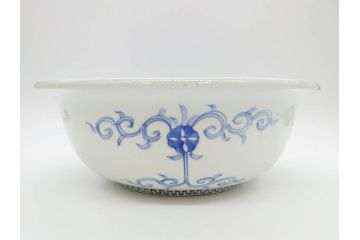 江戸期　染付　約38cm　1尺2寸　繊細な線描きが美しい深鉢(大鉢、和皿、和食器、一尺二寸)(R-076790)