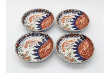 江戸期　古伊万里　富貴長春　染付　鳳凰花図　約12cm　3.8寸　華やかな演出にぴったりの小皿4枚セット(なます皿、和皿、和食器、三寸八分)(R-076806)