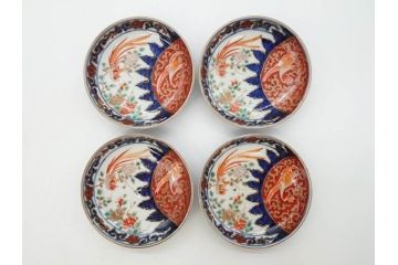 江戸期　古伊万里　富貴長春　染付　鳳凰花図　約12cm　3.8寸　華やかな演出にぴったりの小皿4枚セット(なます皿、和皿、和食器、三寸八分)(R-076806)