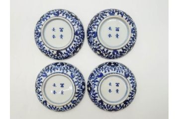 江戸期　古伊万里　富貴長春　染付　鳳凰花図　約12cm　3.8寸　華やかな演出にぴったりの小皿4枚セット(なます皿、和皿、和食器、三寸八分)(R-076806)