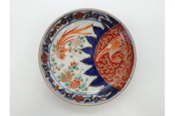 江戸期　古伊万里　富貴長春　染付　鳳凰花図　約12cm　3.8寸　華やかな演出にぴったりの小皿4枚セット(なます皿、和皿、和食器、三寸八分)(R-076806)