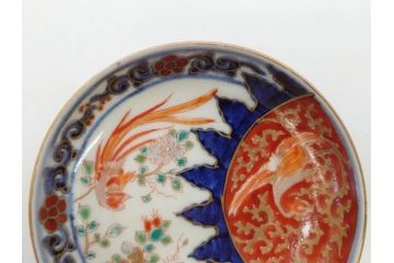 江戸期　古伊万里　富貴長春　染付　鳳凰花図　約12cm　3.8寸　華やかな演出にぴったりの小皿4枚セット(なます皿、和皿、和食器、三寸八分)(R-076806)