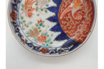 江戸期　古伊万里　富貴長春　染付　鳳凰花図　約12cm　3.8寸　華やかな演出にぴったりの小皿4枚セット(なます皿、和皿、和食器、三寸八分)(R-076806)