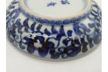江戸期　古伊万里　富貴長春　染付　鳳凰花図　約12cm　3.8寸　華やかな演出にぴったりの小皿4枚セット(なます皿、和皿、和食器、三寸八分)(R-076806)