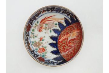 江戸期　古伊万里　富貴長春　染付　鳳凰花図　約12cm　3.8寸　華やかな演出にぴったりの小皿4枚セット(なます皿、和皿、和食器、三寸八分)(R-076806)