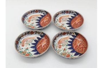 江戸期　古伊万里　富貴長春　染付　鳳凰花図　約12cm　3.8寸　華やかな演出にぴったりの小皿4枚セット(なます皿、和皿、和食器、三寸八分)(R-076807)