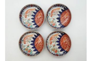 江戸期　古伊万里　富貴長春　染付　鳳凰花図　約12cm　3.8寸　華やかな演出にぴったりの小皿4枚セット(なます皿、和皿、和食器、三寸八分)(R-076807)