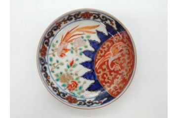 江戸期　古伊万里　富貴長春　染付　鳳凰花図　約12cm　3.8寸　華やかな演出にぴったりの小皿4枚セット(なます皿、和皿、和食器、三寸八分)(R-076807)