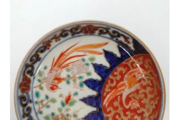 江戸期　古伊万里　富貴長春　染付　鳳凰花図　約12cm　3.8寸　華やかな演出にぴったりの小皿4枚セット(なます皿、和皿、和食器、三寸八分)(R-076807)