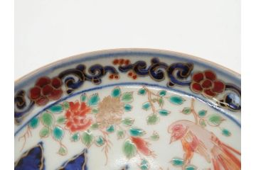 江戸期　古伊万里　富貴長春　染付　鳳凰花図　約12cm　3.8寸　華やかな演出にぴったりの小皿4枚セット(なます皿、和皿、和食器、三寸八分)(R-076807)
