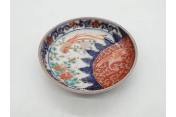 江戸期　古伊万里　富貴長春　染付　鳳凰花図　約12cm　3.8寸　華やかな演出にぴったりの小皿4枚セット(なます皿、和皿、和食器、三寸八分)(R-076807)
