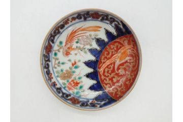江戸期　古伊万里　富貴長春　染付　鳳凰花図　約12cm　3.8寸　華やかな演出にぴったりの小皿4枚セット(なます皿、和皿、和食器、三寸八分)(R-076807)