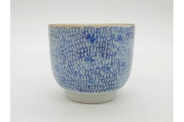 江戸後期　微塵唐草文染付　金縁と緻密な線描きが素敵なそば猪口5客セット(みじんからくさ、蕎麦猪口、湯呑み、湯のみ、和食器)(R-076808)