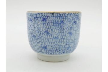 江戸後期　微塵唐草文染付　金縁と緻密な線描きが素敵なそば猪口5客セット(みじんからくさ、蕎麦猪口、湯呑み、湯のみ、和食器)(R-076808)