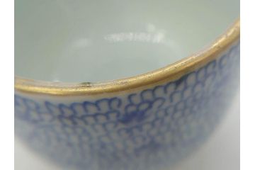江戸後期　微塵唐草文染付　金縁と緻密な線描きが素敵なそば猪口5客セット(みじんからくさ、蕎麦猪口、湯呑み、湯のみ、和食器)(R-076808)